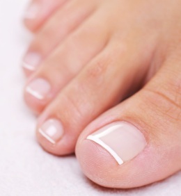 Single well-groomed female foot with a french pedicure. Close-up toy.